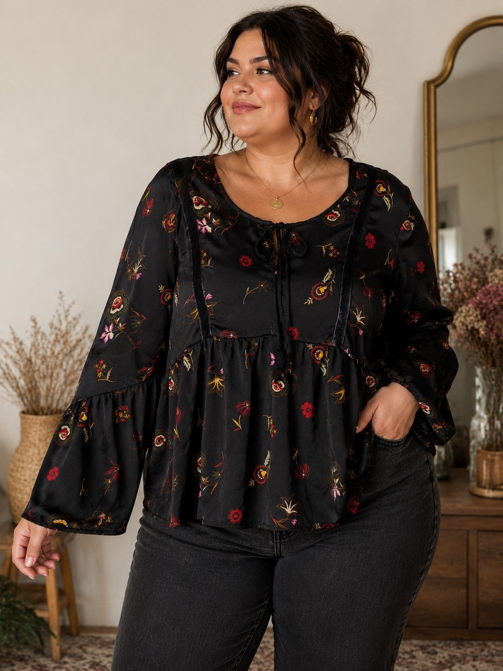 Dark Floral Peasant Blouse Boho Folk Tassel Tie Flowy Top